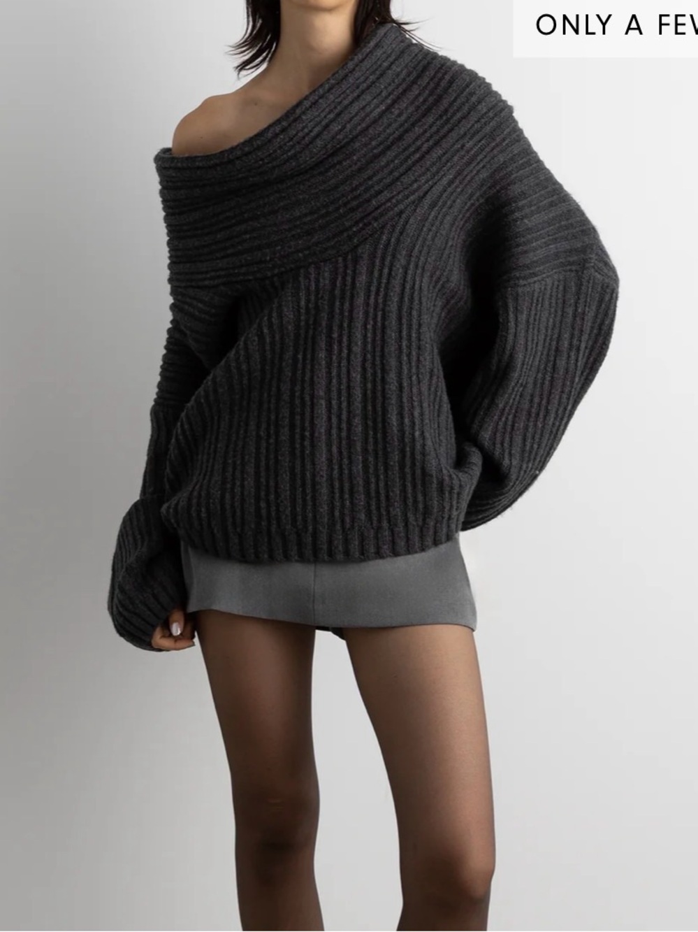 Oak + Fort Off-Shoulder Ribbed Charcoal Sweater